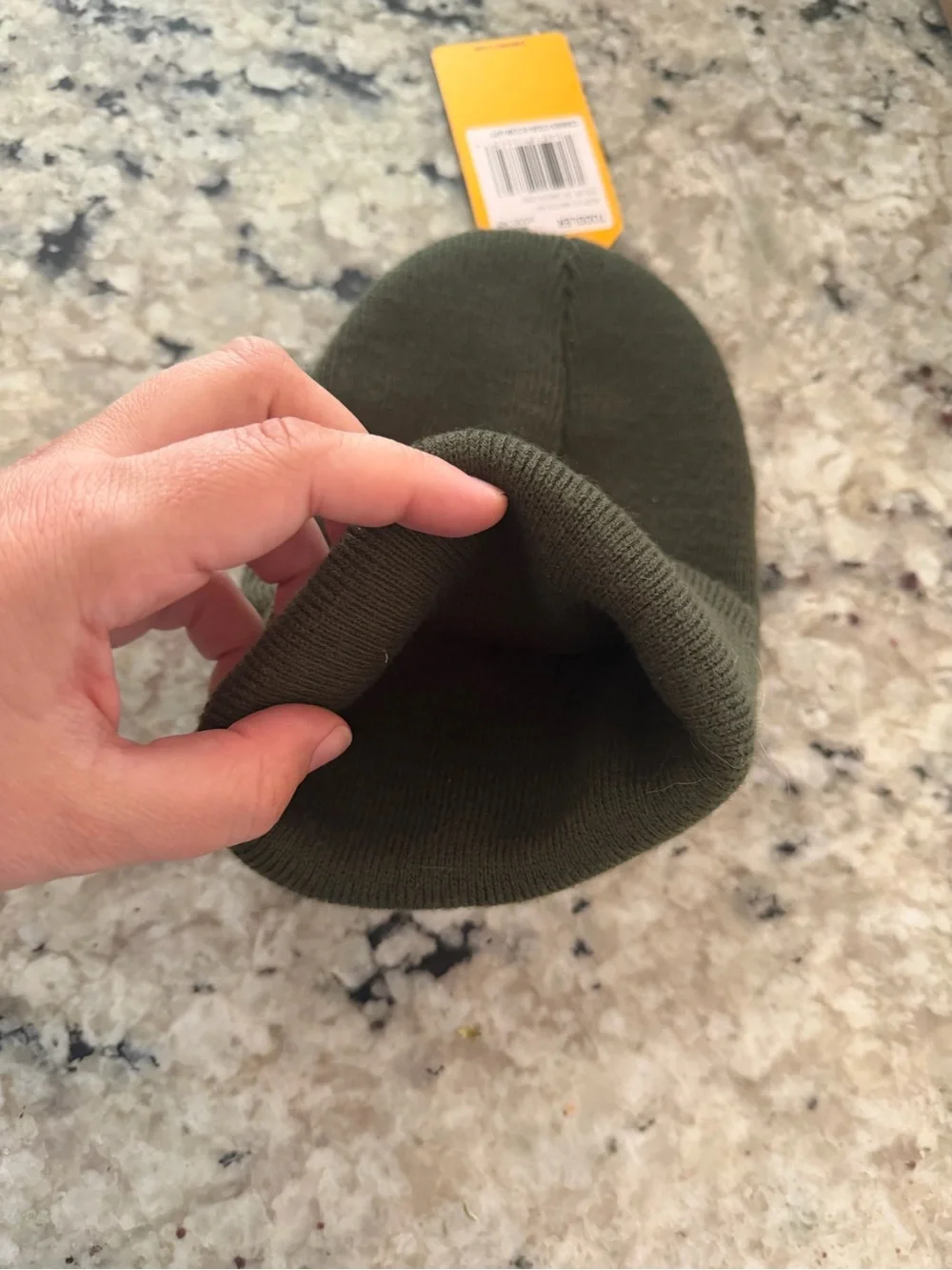 Carhartt Olive Green Folded Cuff Beanie with Orange Logo Patch